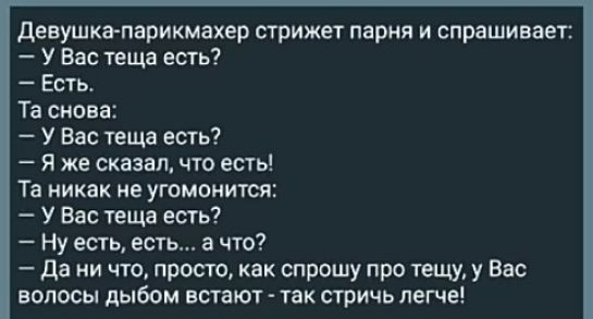 девушке паритет стрижет парня и спрашиваег У Вас теща есть Есть Та снова У Вас теща есть Я же сказапт что есть Та никак не угомоиипдя У Вас теща есть Ну есть есть а что Да ни что прост как спрошу про тещу у Вас волосы дыбом встают так стричь легче
