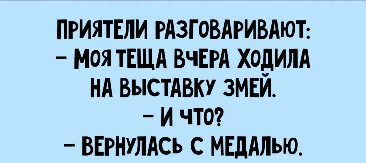 ПРИЯТЕЛИ РАЗГОВАРИВАЮТ _ МОЯ ТЕЩА ВЧЕРА ХОдИЛА НА ВЫСТАВКУ ЗМЕИ И ЧТО ВЕРНУЛАСЪ С мвдАлью
