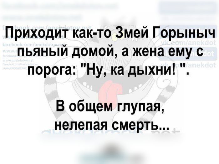 Приходит как то Змей Горыныч пьяный домой а жена ему с порога Ну ка дыхни В общем глупая нелепая смерть и аиеи пе