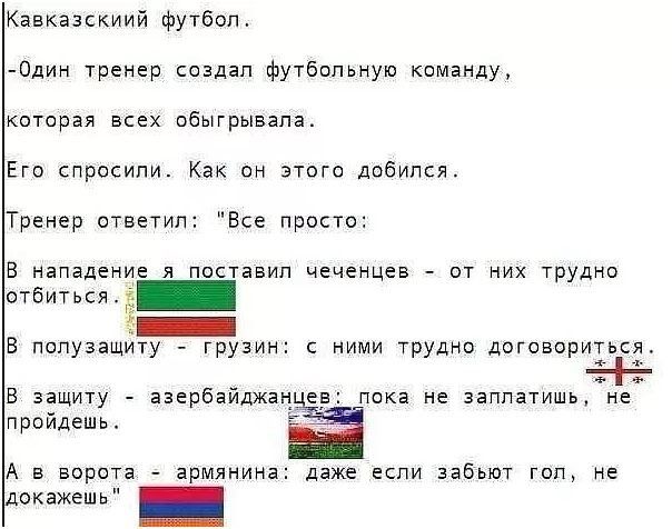 Кавказскиий футбол ездим тренер издан футбольную команду киТпрая всех обыгрывзпа Его спросили Как пн этого побился Тренер отапип Все просто в нападение постааил цечеицев _ от них тра стбичься в пипузнщйту грузин ними трудно договоритася в защиту азербайджан еа пака не заппатишь ие пройдешь А в ворота армянина даже екпи забьют гоп ае докажешь _