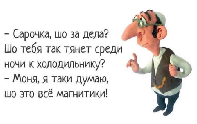 Сарочка шо за дела Шо тебя так ТЯнет среди ночи к холодилжику Моня я таки думаю шо это всё магнитики