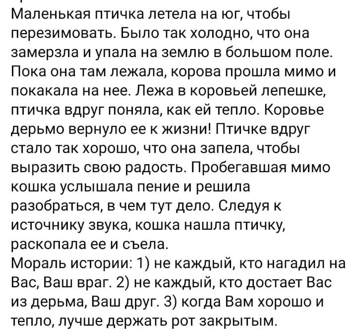 Маленькая птичка летела на юг чтобы перезимовать Было так холодно что она замерзла и упала на землю в большом попе Пока она там ЛЕЖЭЛЗ корова прошла МИМО И ПОКЭКЭЛЗ на НЕЕ Лежа В коровьей лепешке ПТИЧКЭ ЕдруГ поняла как ей ТЕПЛО Коровье дерьмо вернуло ее жизни Птичхе вдРУг стало так хорошо что она запела чтобы выразить свою радость Пробегавшая мимо КОШКЗ УСПЫШЕПЭ пение И РЕШИПЕ разобраться в чем т