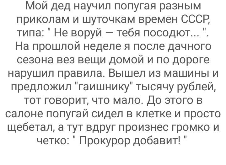 Мой дед научил попугая разным приколам и шуточкам времен СССР типа Не воруй тебя посодют На прошлой неделе Я ПОСЛЕ дЗЧНОГО сезона вез вещи домой и по дороге нарушил правилао Вышел из машины и предложил гаишнику тысячу рублей тот говоритчто мало До этого в салоне попугай СИДЕП В клетке И ПРОСТО щебетвл а тут вдруг произнес громко и четко Прокурор добавит