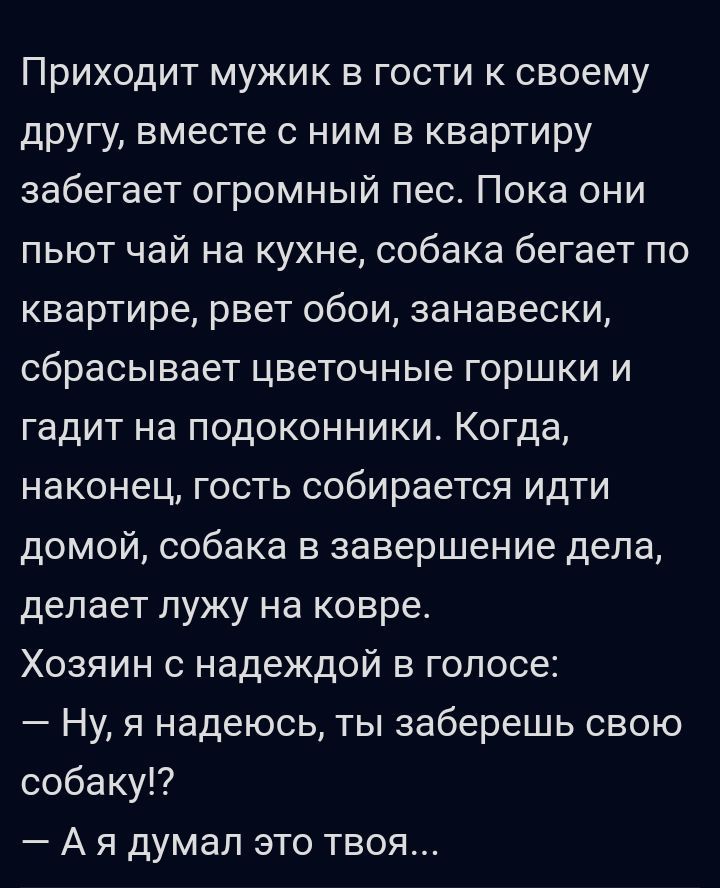 Приходит мужик в гости к своему другу вместе с ним в квартиру забегает огромный пес Пока они пьют чай на кухне собака бегает по квартире рвет обои занавески сбрасывает цветочные горшки и гадит на подоконники Когда наконец гость собирается идти домой собака в завершение дела делает лужу на ковре Хозяин с надеждой в голосе Ну я надеюсь ты заберешь свою собаку А я думал это твоя