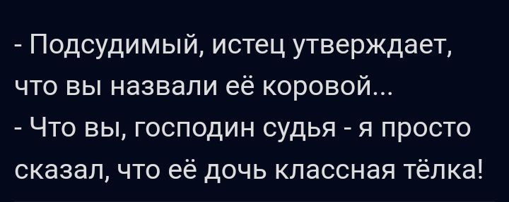 Подсудимый истец утверждает что вы назвали её коровой Что вы господин судья я просто сказалчто её дочь классная тёпка