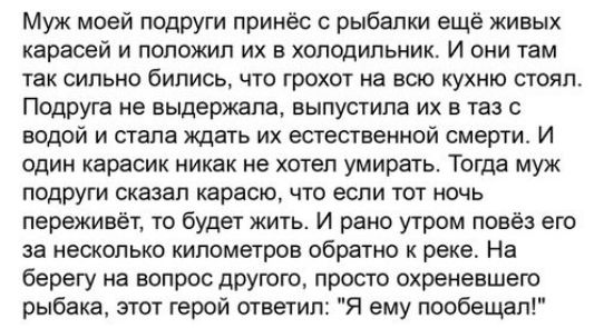 Муж моей подруги принёс с рыбалки ещё живых карасей и положил их в холодильник и они там так сильно бились что грохот на всю кухню стоял Подруга не выдержала выпустила их в таз с водой и стала Ждать их естесгвеииой смеши И один карасик никак не хотел умирать Тогда муж подруги сказал карасю что если тот мочь переживёт то буде жить И рано утром повёз его за несколько километров обратно к реке На бер