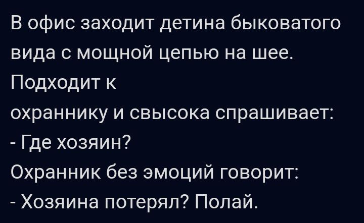 В офис заходит детина быковатого вида с мощной цепью на шее Подходит к охраннику и свысока спрашивает Где хозяин Охранник без эмоций говорит Хозяина потерял Попай