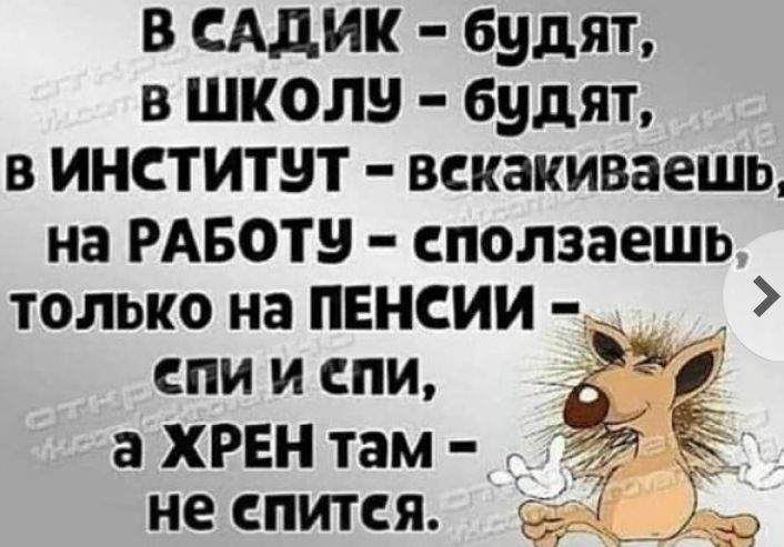 в САдИК будят в школу будят в институт вскакиваешь на РАБОТ сползаешь только на пенсии __ спи и спи а хрвн там 3 не спится