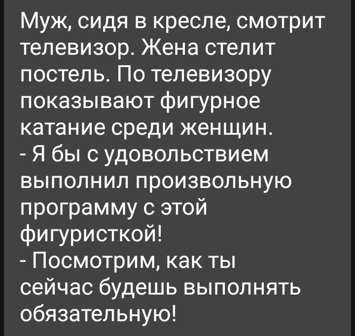 Муж сидя в кресле смотрит телевизорс Жена стелит постель По телевизору показывают фигурное катание среди женщин Я бы с удовольствием выполнил произвольную программу с этой фигуристкой Посмотрим как ты сейчас будешь выполнять обязательную