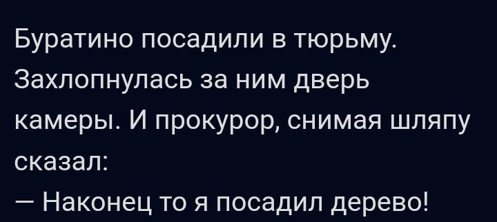Буратино посадили в тюрьму Захпопнупась за ним дверь камеры И прокурор снимая шляпу сказал Наконец то я посадил дерево