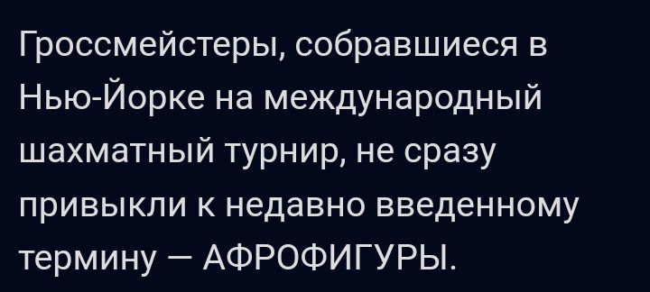 Гроссмейстеры собравшиеся в Нью Йорке на международный шахматный турнир не сразу привыкли к недавно введенному термину АФРОФИГУРЫ