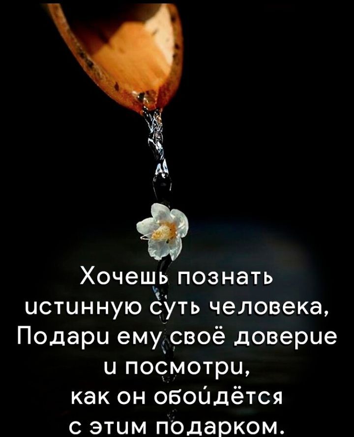 Хочещь познать истинную суть человека Подари ему своё доверие и поёмотри как он обойдётся с этим подарком