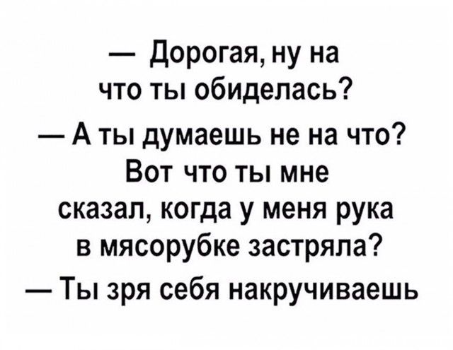 Дорогая ну на что ты обиделась А ты думаешь не на что Вот что ты мне сказал когда у меня рука в мясорубке застряла Ты зря себя накручиваешь