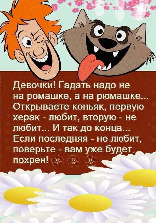 Девочки Гадать надо не на ромашке а на рюмашке Открываете коньяк первую херак любит вторую не любит И так до конца Если последняя не любит поверьте вам уже будет похрен и с