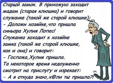 Старыи амок В прихожую заходиг мадам старая клюшка и говорит служанке ткай же строй клюшке Доложи хозяйке что пришли 8 синьора Хулия Лопес Служанка заходит к хозяйке замка такой же старой клюшке как и она и говорит Госпожа Хулия пришла Та неиоіорое ремя недоуменно смотиг на примугу и изрекает А а откуда днао ХФЛИ ш пришла