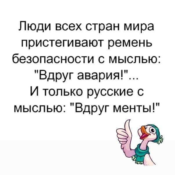 Люди всех стран мира пристегивают ремень безопасности с мыслью Вдруг авария И только русские с мыслью Вдруг менты