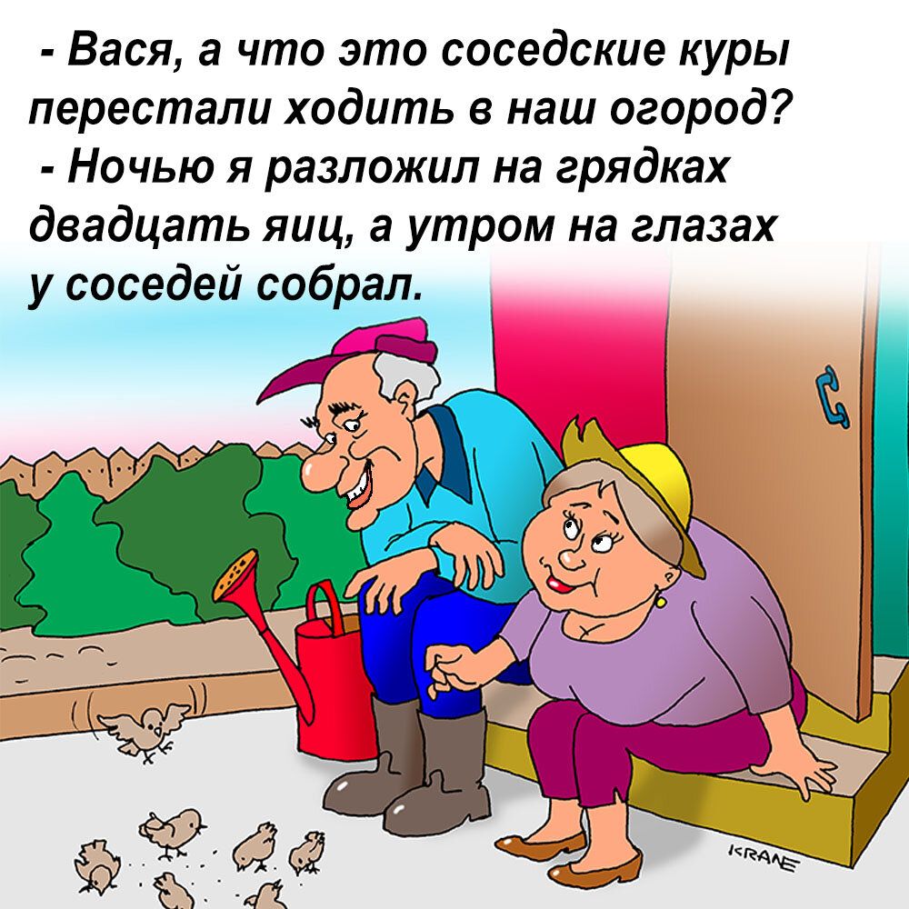 Вася а что это соседские куры перестали ходить в наш огород Ночью я разложил на грядках двадцать яиц а утром на глазах у соседей собрал