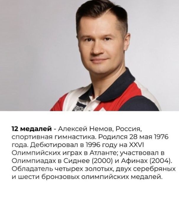 ь 12 медалей АЛеКСЭИ Немов РОССИЯ спортивная ГИМНЕСТИХЭ Родился 28 мая 1976 года дебютировал 31996 году на ххх Опимпииских играх в Атланте участвовал в Олимпиадах Сиднее 20001 и Афинах 1200г Обладатель четырех золотых двух серебряных и шести бронзовых олимпийских медалей