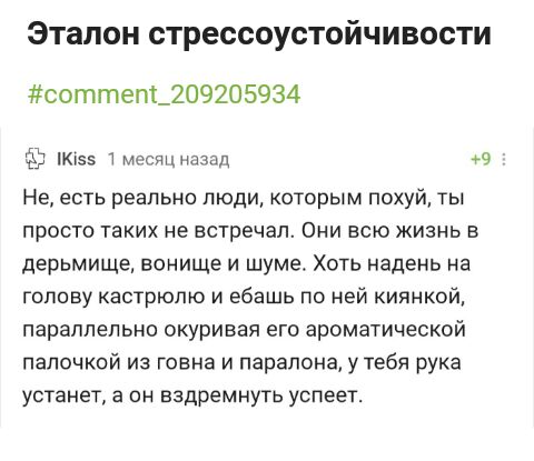 Эталон стрессоустойчивости соттепі_209205934 А 55 1 мес назад 9 Не есть реально люди которым похуй ты просто таких не встречал Они всю жизнь в дерьмище вонище и шуме Хоть надень на голову кастрюлю и ебашь по ней киянкой параллельно окуривая его ароматической палочкой из говна и парапона утебя рука устанет а он вздремнуть успеет