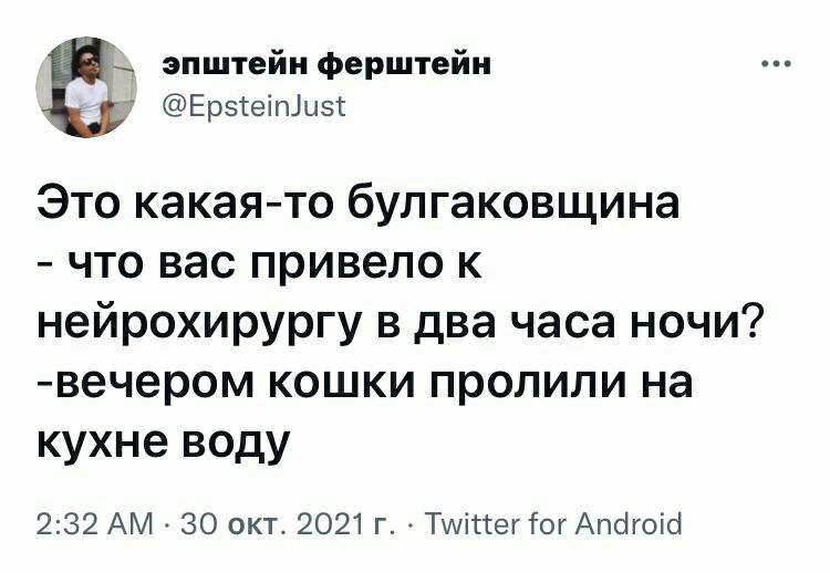 эпштейн ферштейн Ерзіеіпіызс Это какая то булгаковщина что вас привело к нейрохирургу в два часа ночи вечером кошки пролили на кухне воду 232 АМ 30 окт 2021 г ТшіттегіогАпсігоісі