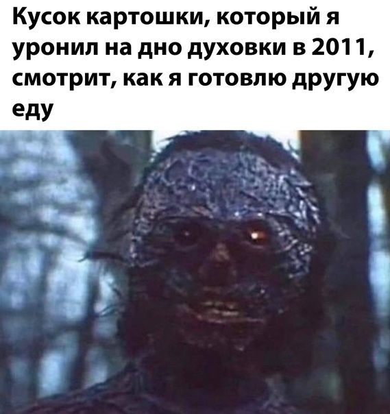 Кусок картошки который я уронил на дно духовки в 2011 смотрит как я готовлю другую