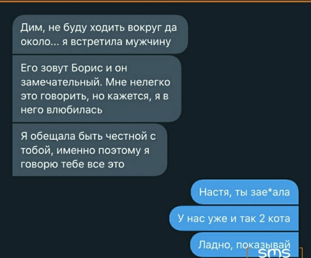 дим не буду ходить вокруг да около я встретила мужчину Его зовут Борис и он замечательный Мне нелегко это говорить но кажется я в него влюбилась Я обещала быть честной с тобой именно поэтому я говорю тебе все это