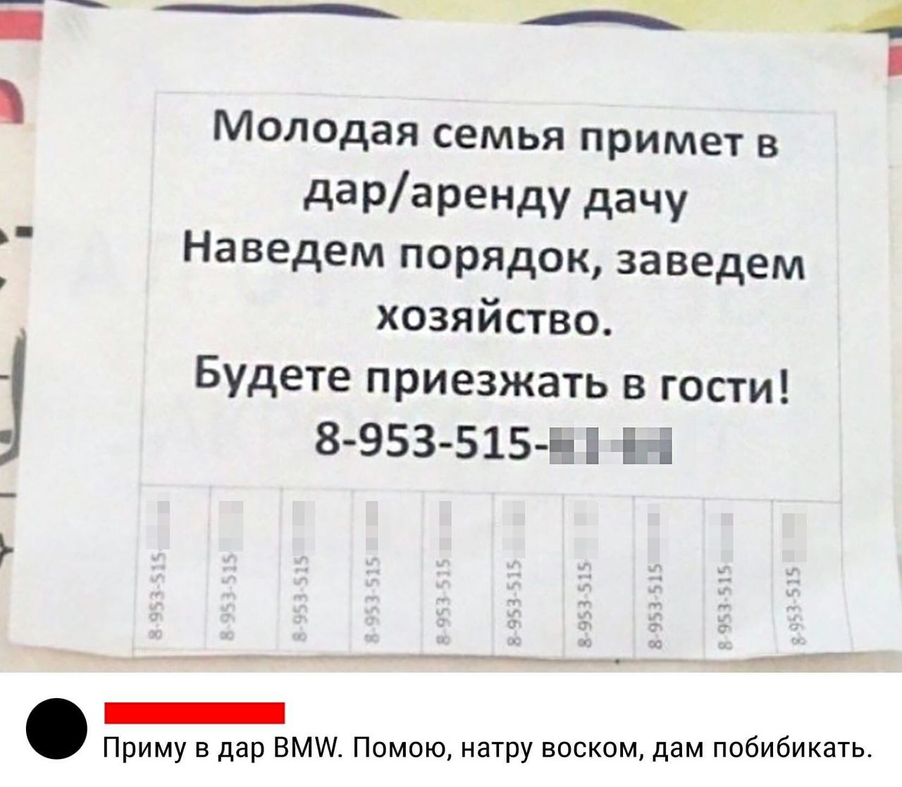 Молодая семья примет в дарареНДу дачу Наведем порядок заведем хозяйство Будете приезжать в гости 8953 515 Ы Н __ ___ ип ___ _ __ _ Приму в дар ВМУЧ Помою натру воском дам побибикать