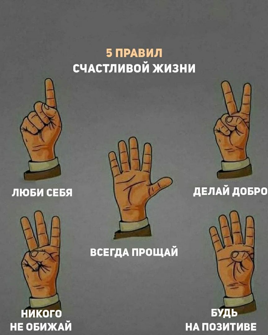 5 ПРАВИЛ СЧАСТЛИВОЙ ЖИЗНИ люви сввя дЕЛАЙ довро Ё 6 Е г а ц ч никого БУДЬ НЕ ОБИЖАЙ НА ПОЗИТИВЕ