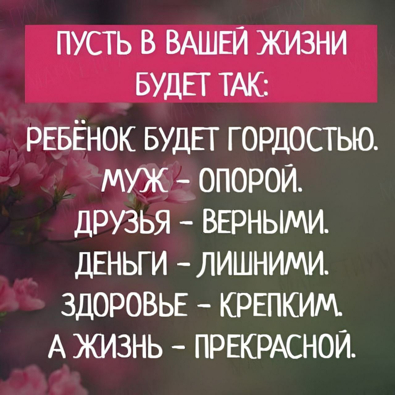 ПУСТЬ В ВАШЕЙ ЖИЗНИ БУДЕТ ТАК РЕБЁНОК БУДЕТ гордостью муж опорой друзья ВЕРНЫМИ ДЕНЬГИ лишними ЗДОРОВЬЕ КРЕПКИМ А жизнь ПРЕКРАСНОЙ