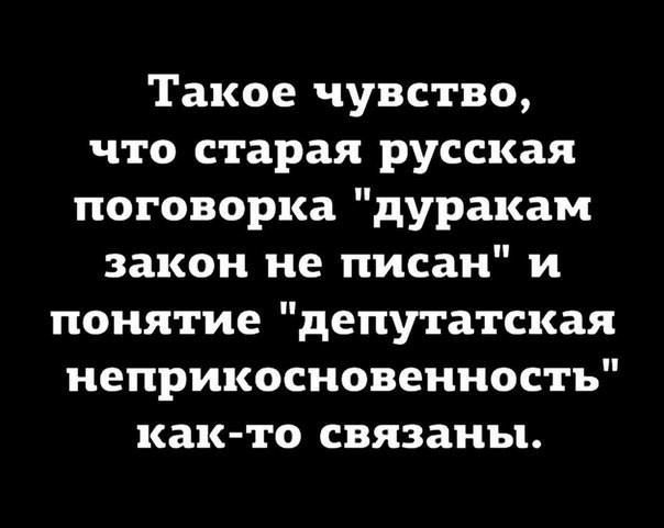 Такое чувство что старая русская поговорка дуракам закон не писан и понятие депутатская неприкосновенностъ как то связаны