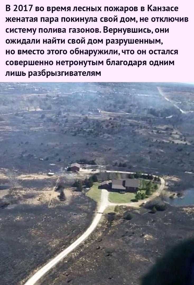 В 2017 во время лесных пожаров в Канзасе женатая пара покинула свой дом не отключив систему полива газонов Вернувшись они ожидали найти свой дом разрушенным но вместо этого обнаружиличто он остался совершенно нетронутым благодаря одним лишь разбрызгивателям