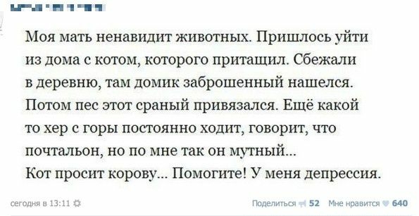 Моя мать ненавидит животных Пришлось уйти из дома с котом которого притащил сбежали в деревню там домик заброшенный нашелся Потом пес этт сраный привязался Ещё какой то хер горы постоянно ходит говорит что почтальон но по мне так он мутный Когг просит корову Помогите У меня депрессия Пс г 5 мо