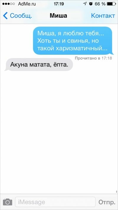 оо ММеш 1719 еЁи нэ Сообщ Миша Контакт Миша я пюбпю тебя Хоть ты и свинья но Такои каризматичныи Прпчишио в чта Акуна матан ёпте Ш Мезэаэе Отпр
