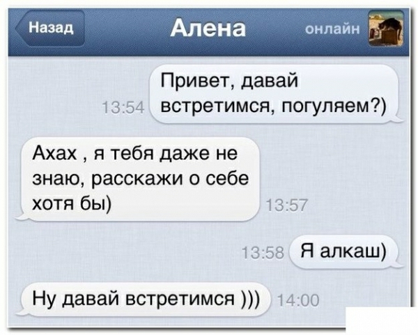 Назад Алена онлайн Привет давай 1354 встретимся погуляем Ахах я тебя даже не знаю расскажи о себе хотя бы 13157 1353 Я алкаш Ну давай встретимся 1400