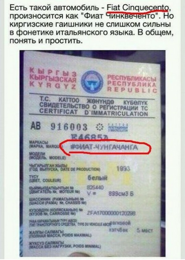 Есть такой автомобиль Ріаі Сіпчиёещй произносится как Фиат ин о о киргизские гаишники не слишком сильны в фонетике итальянского языка В общем понять и простить 2 пспувлид тс Т вчшттсицтюн