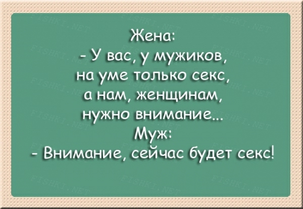 Жена У вас у мужиков на уме только секс а нам женщинам нужно внимание Муж Внимание сейчас будет секс