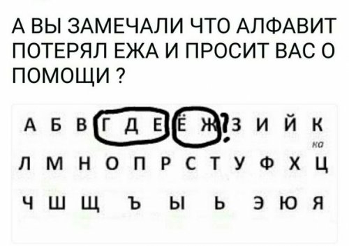 А ВЫ ЗАМЕЧАЛИ ЧТО АЛФАВИТ ПОТЕРЯЛ ЕЖА И ПРОСИТ ВАС О ПОМОЩИ Аьзв3иип ЛМНОПРСТУФХЦ ЧШЩ Ъ Ы Ь ЭЮЯ