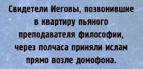 Свидетели Иеговы позвонившие в квартиру пьяного преподавателя Философии через полчаса приняли ислам прямо возле домофона