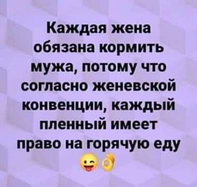 Каждая жена обязана кормить мужа потому что согласно женевской конвенции каждый пленный имеет право на горячую еду