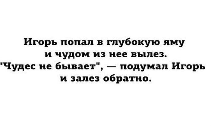 Игорь попал в глубокую лицу и чудом из нее вылез Чудес не бывает подумал Игорь и залез обратно