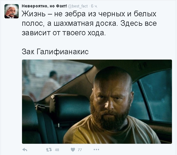 Невероятио о Факт _ Жизнь не зебра из черных и белых полос а шахматная доска Здесь все зависит от твоего хода Зак Гапифианакис