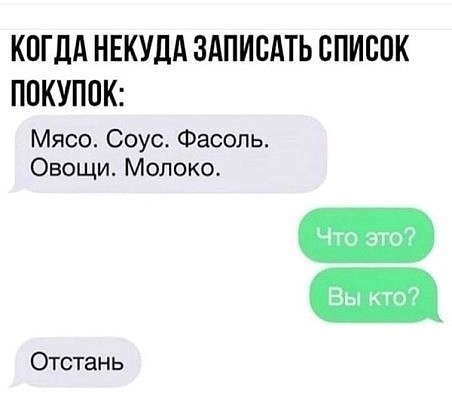КОГДА НЕКУДА ЗАПИСАТЬ СПИСОК ПОКУПОК Мясо Соус Фасоль Овощи Молоко Вы кто ЧТо это Отстань