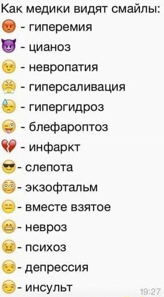 Как медики видят смайлы гиперемия цианоз невропатия гиперсаливация гипергидроз бпефароптоз 39 инфаркт б слепота экзофтальм б вместе взятое невроз б психоз б депрессия б инсульт