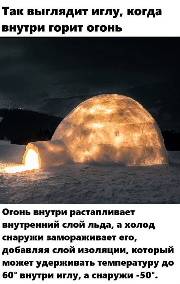 Так выглядит иглу когда внутри горит огонь Огонь внутри растапливает внутренний слой льда а холод снаружи замораживает его добавляя слой изоляции который может удерживать температуру до 60 внутри иглу а снаружи 50