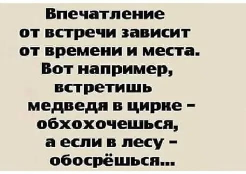Впечатление от встречи зависит от времени и места Вот например встретишь медведи в цирке обхохочешьси а если в лесу обосрёшьсп