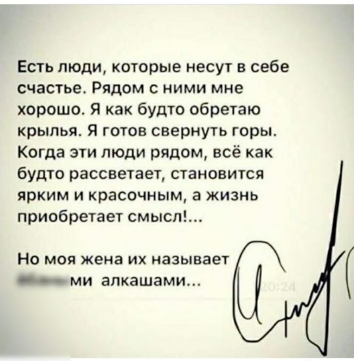 Есть люди которые несут в себе счастье Рядом с ними мне хорошо Я как будто обретаю крылья Я готов свернуть горы Когда эти люди рядом всё как будто рассветает становится ярким и красочным а жизнь приобретает смысл Но моя жена их называет _ ми алкашами