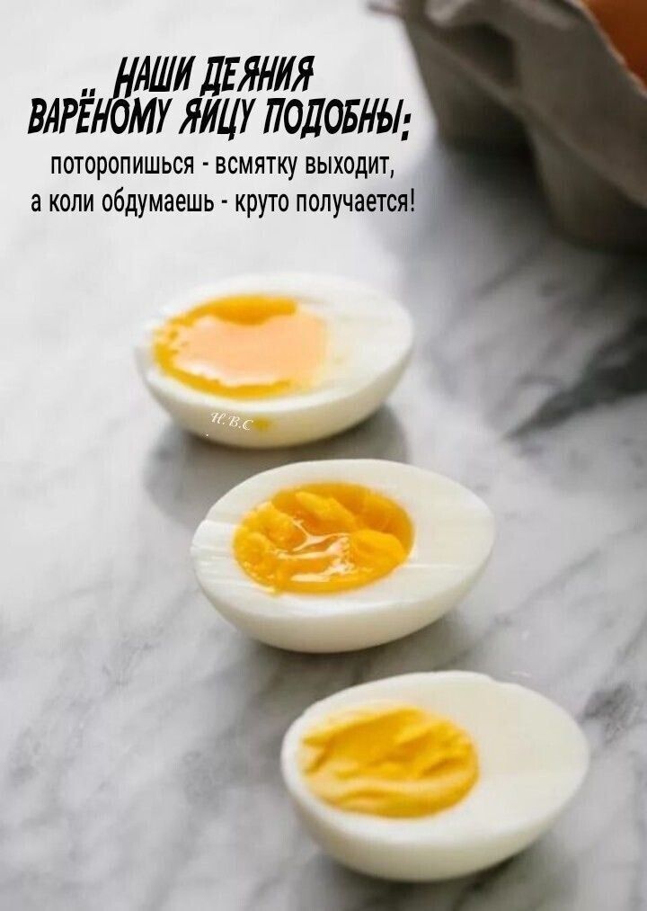 НАШИ ДЕЯНИЯ ВАРЁНОМУ ЯЙЦУ ПОДОБНЫ: поторопишься - всмятку выходит, а коли обдумаешь - круто получается!