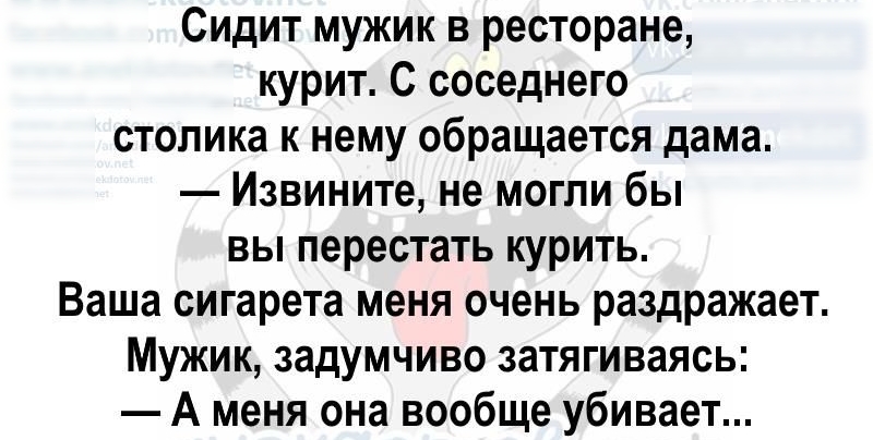 Сидит мужик в ресторане курит С соседнего столика к нему обращается дама Извините не могли бы вы перестать курить Ваша сигарета меня очень раздражает Мужик задумчиво затягиваясь А меня она вообще убивает