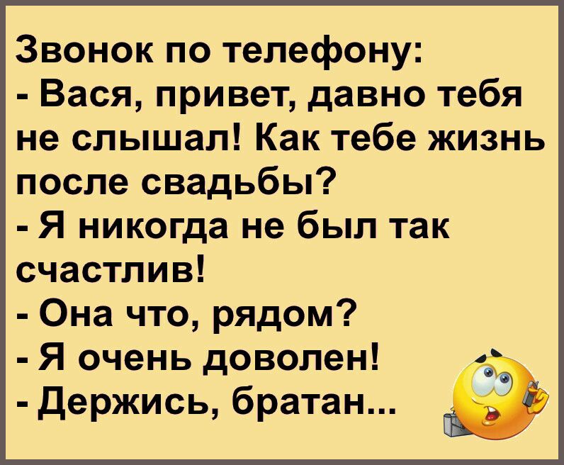 Звонок по телефону Вася привет давно тебя не слышал Как тебе жизнь после свадьбы Я никогда не был так счастлив Она что рядом Я очень доволен Держись братан