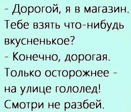 Дорогой я в магазин Тебе взять чтонибудь вкусненькое Конечно дорогая Только осторожнее на улице гололед Смотри не разбей